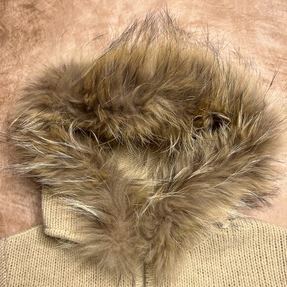 Love Sex Money Faux Fur Hooded Sweater Cream Knit Zip Up Indie Sleaze McBling - Picture 4 of 7